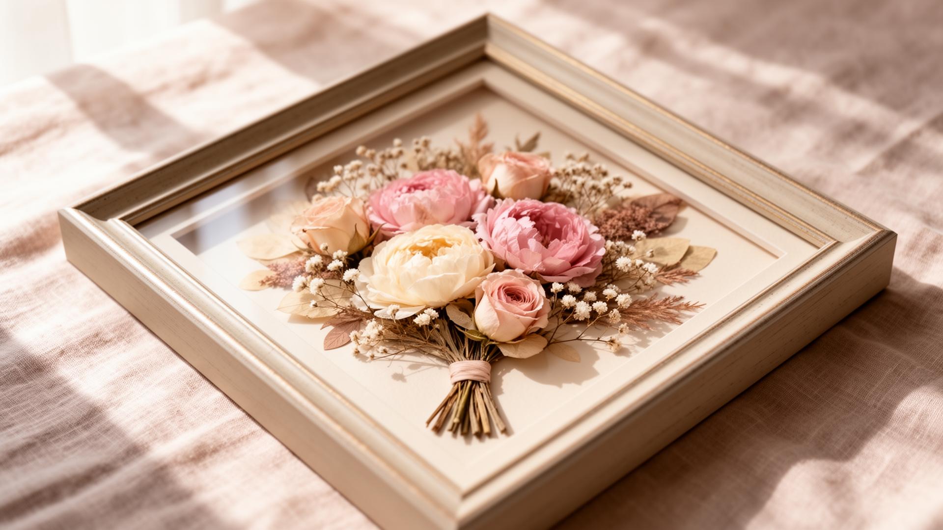Pressed wedding bouquet framed in walnut